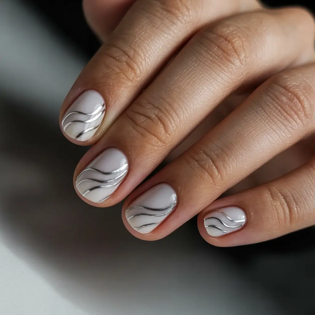 April nails colours 2026 Elegant Neutral Nails with Flowing Silver Lines