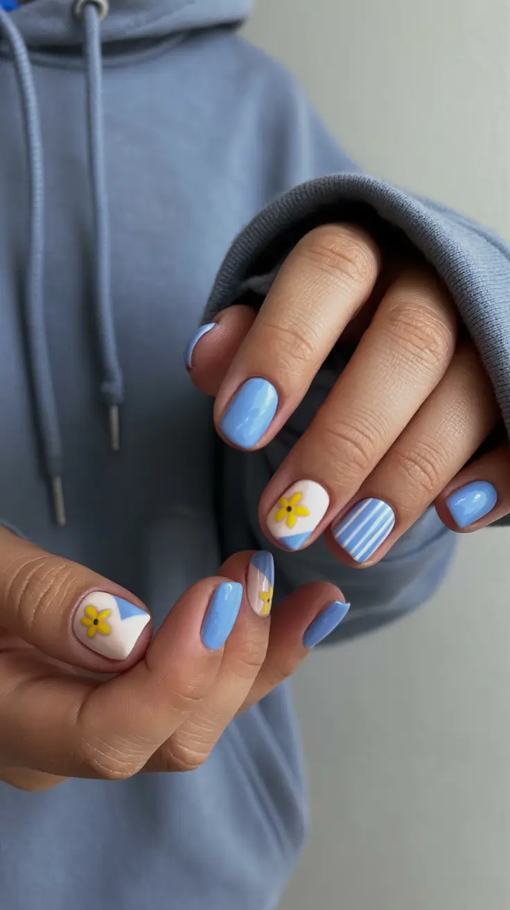 April nails colours 2026 Sky Blue Spring Nails with Playful Daisy Details