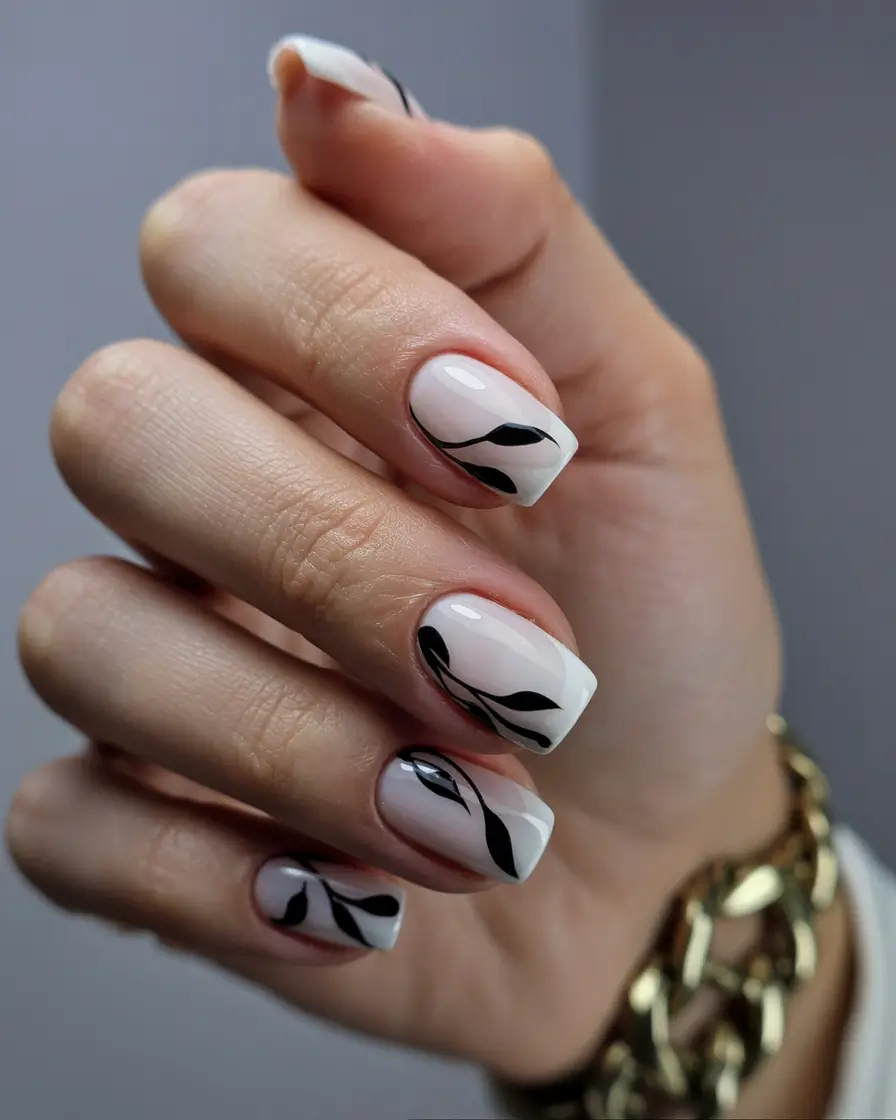 April nails colours 2026 Elegant Nude Nails with Graphic Black Botanical Lines