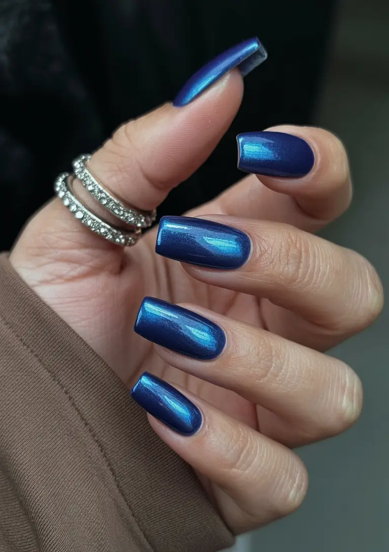 April nails colours 2026 Deep Indigo Chrome Nails with Reflective Shine