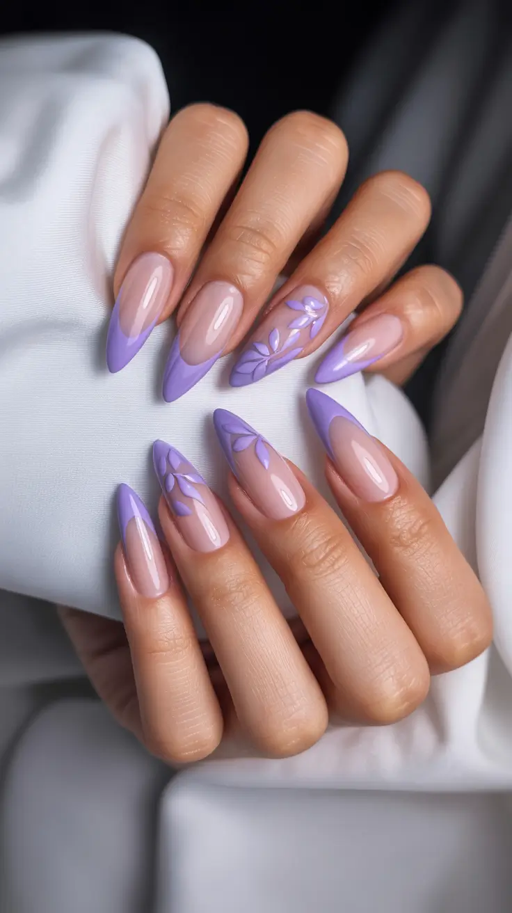 April nails colours 2026 Lavender French Almond Nails with Botanical Art