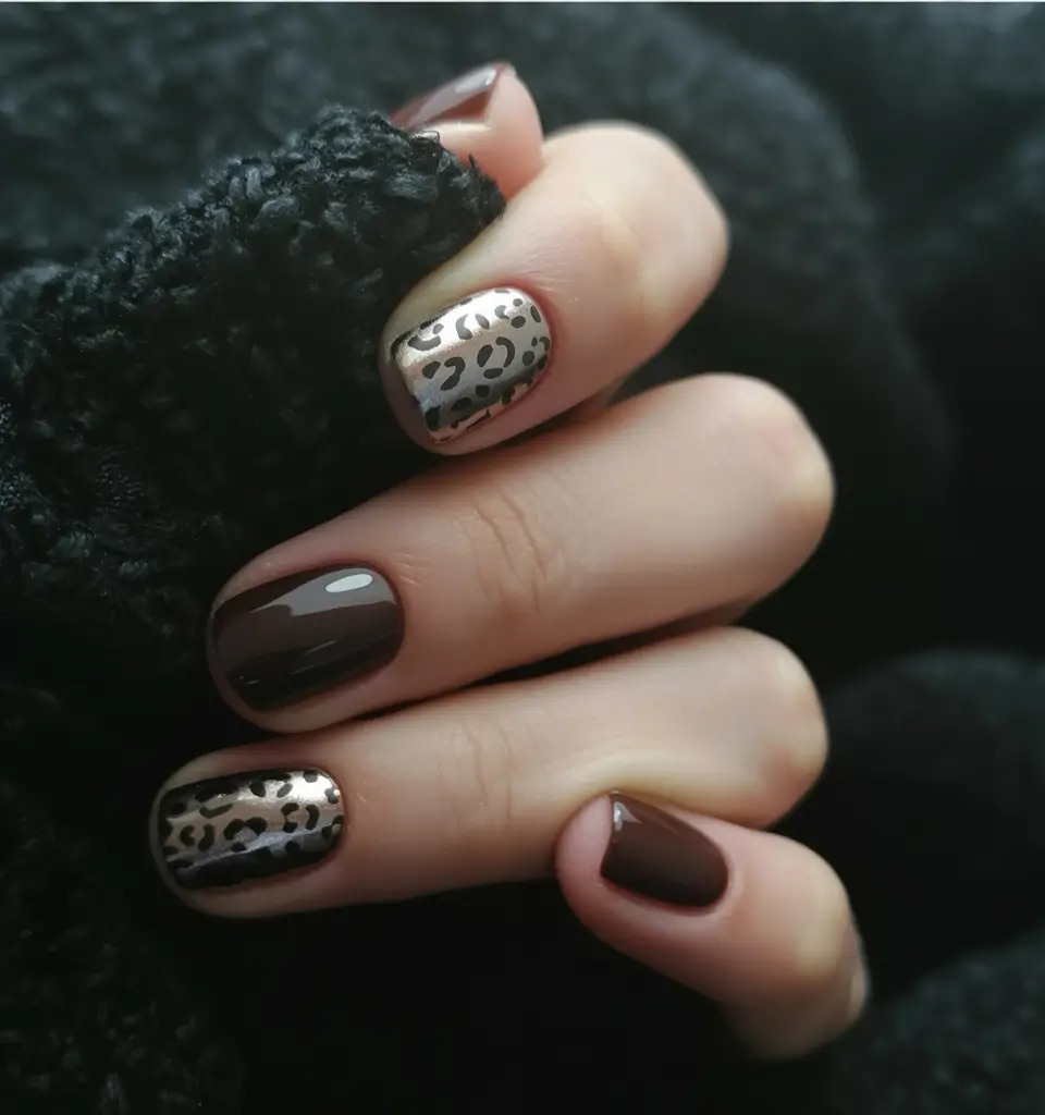 April nails colours 2026 Chocolate Brown Nails with Leopard Accent Design