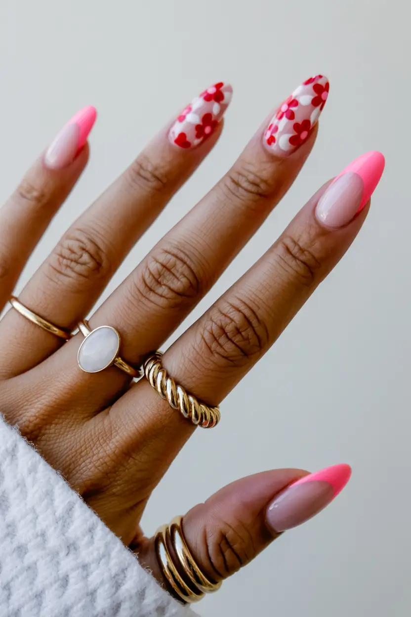 April nails colours 2026 Playful Pink Spring Nails with Retro Floral Accents