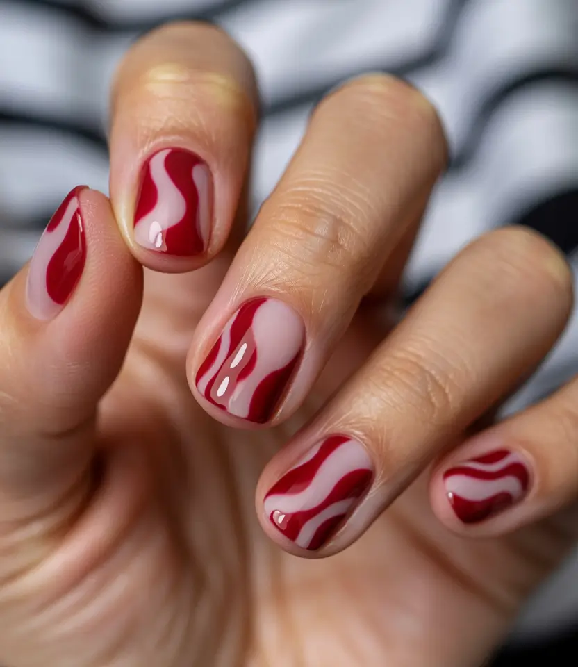April nails colours 2026 Glossy Red Wave Nails with Modern Graphic Energy