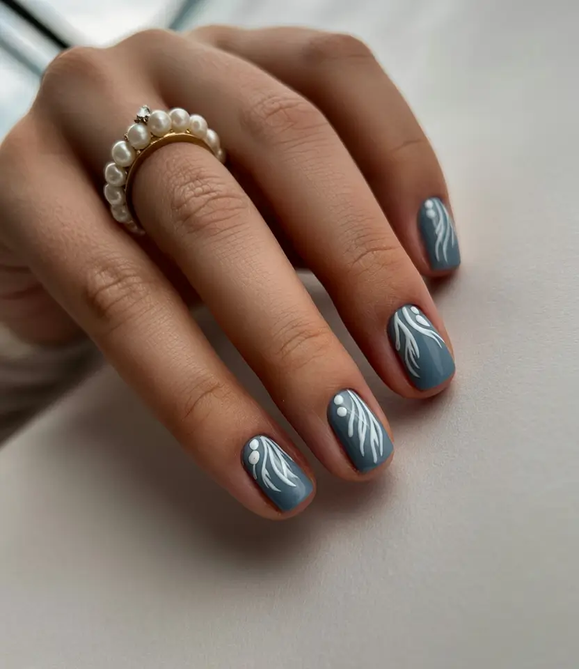 April nails colours 2026 Dusty Blue Minimal Nails with Delicate White Lines