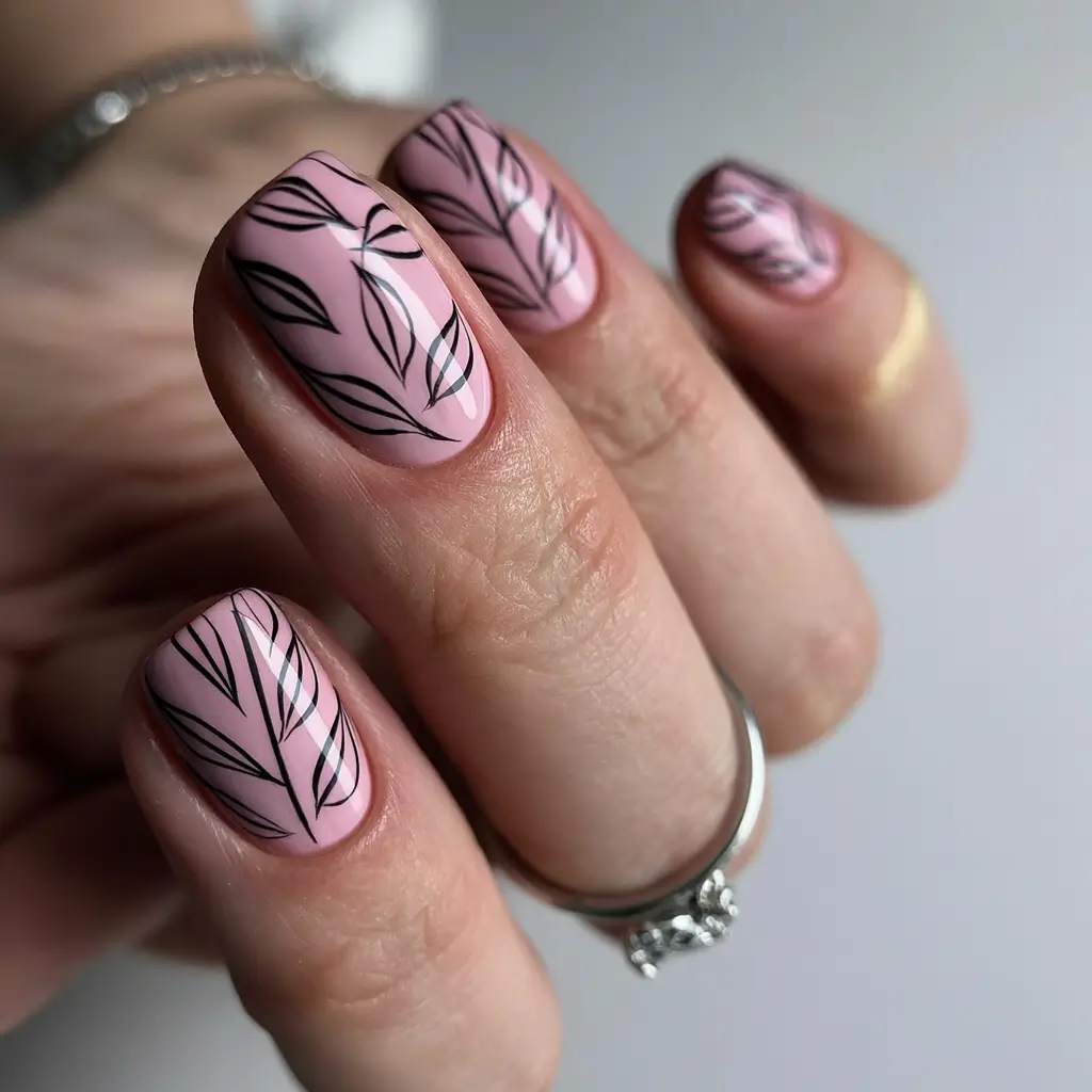 April nails colours 2026 Elegant Blush Pink Nails with Fine Botanical Lines