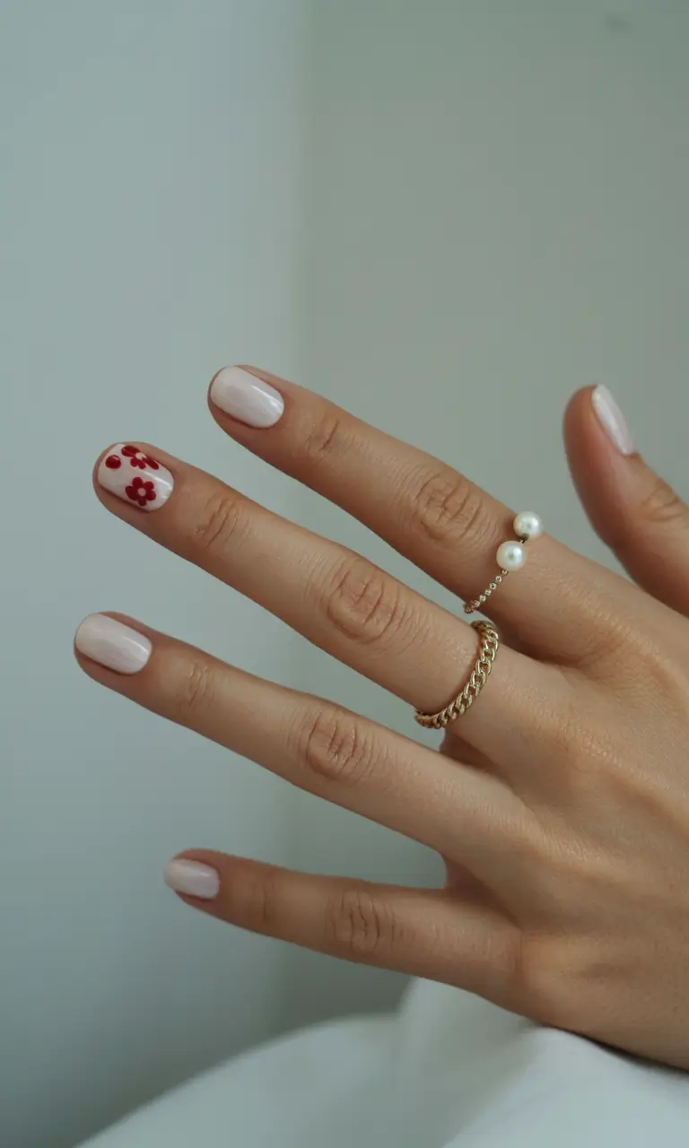 April nails colours 2026 Soft Milky Spring Nails with Tiny Red Flowers