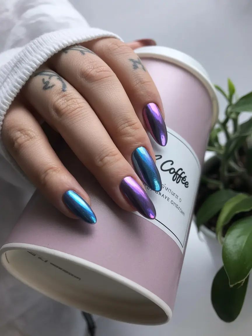 April nails colours 2026 Chrome Indigo and Blue Nails with Futuristic Shine