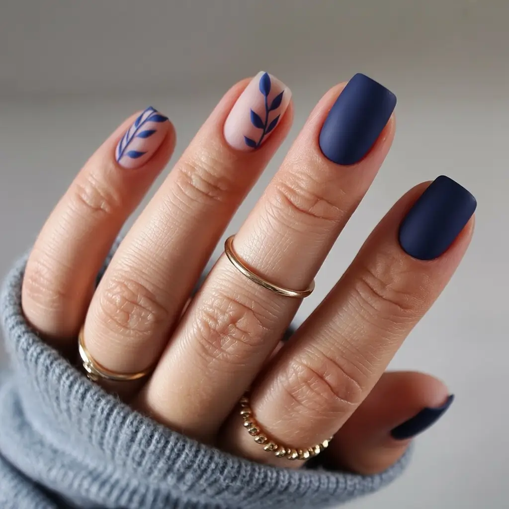 April nails colours 2026 Deep Matte Blue Nails with Botanical Art
