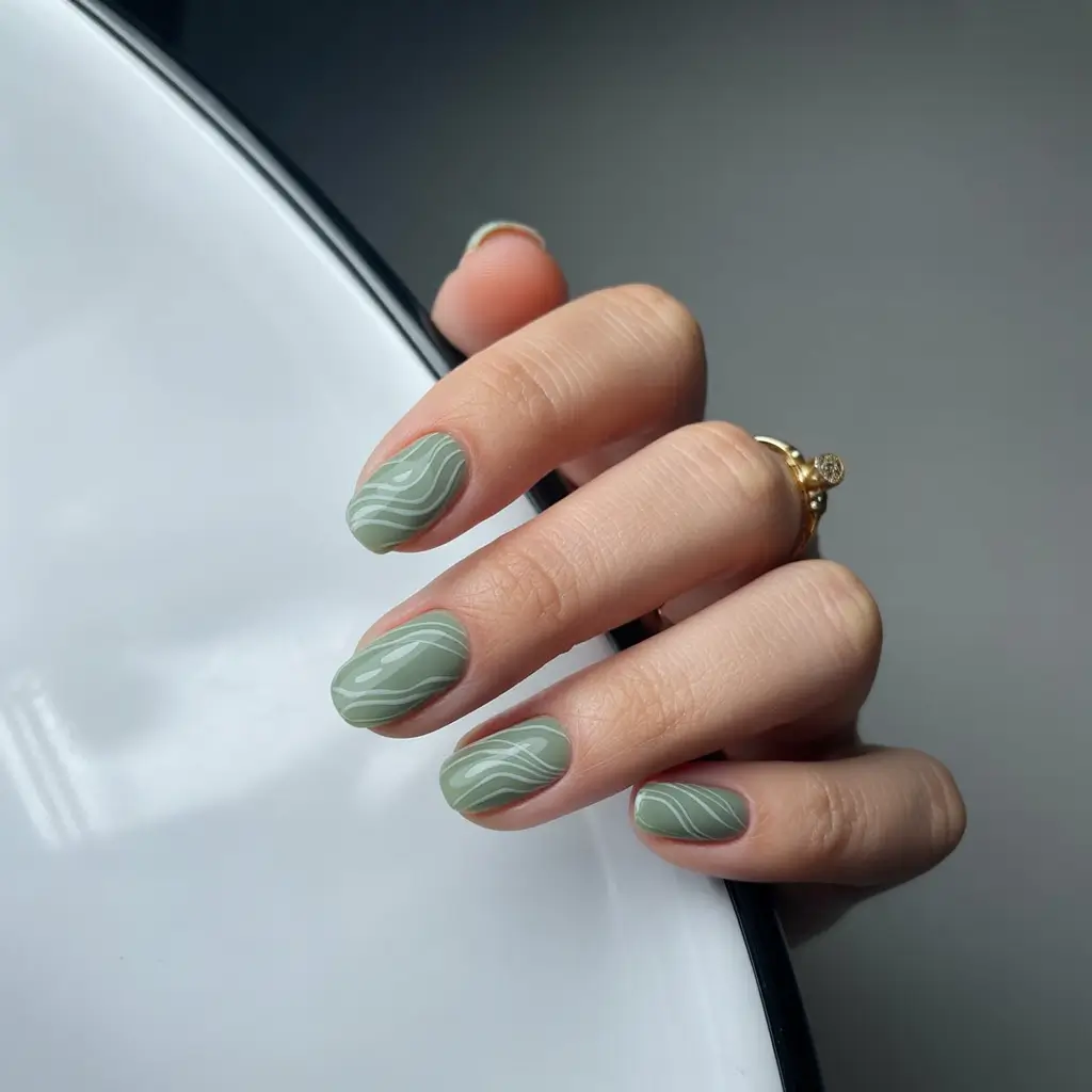 April nails ideas 2026 Muted green short nails with minimalist swirl art