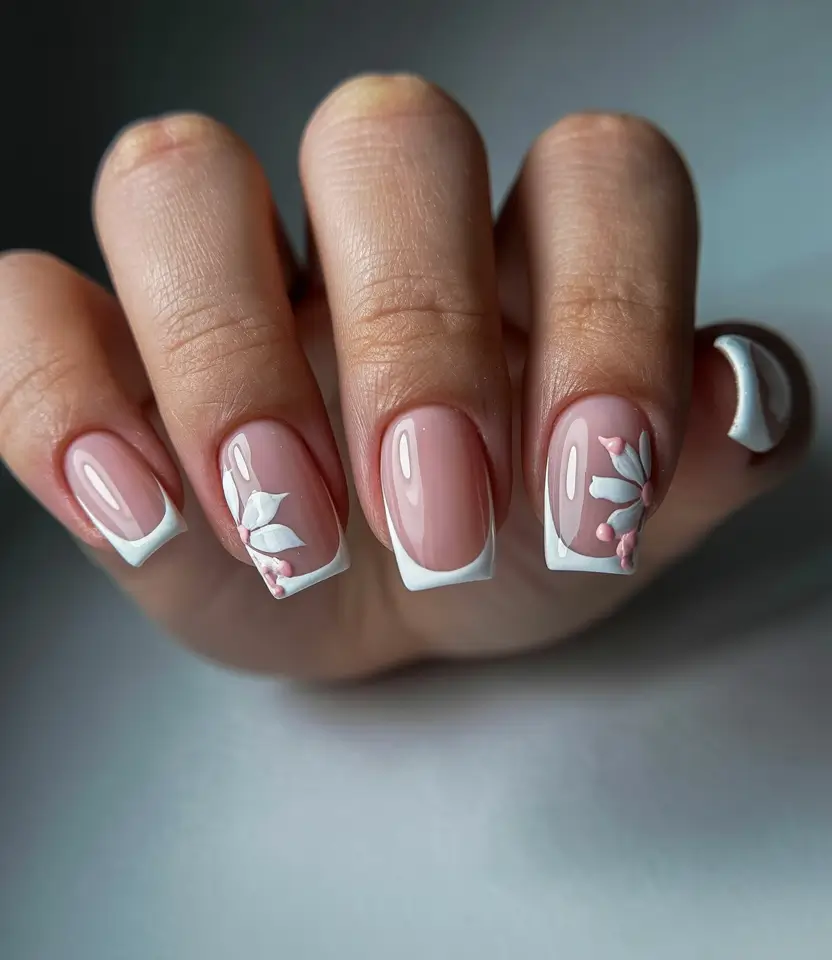 April nails ideas 2026 Elegant french manicure with soft floral accents