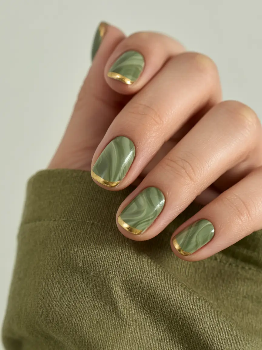 April nails ideas 2026 Olive green marble nails with gold accents
