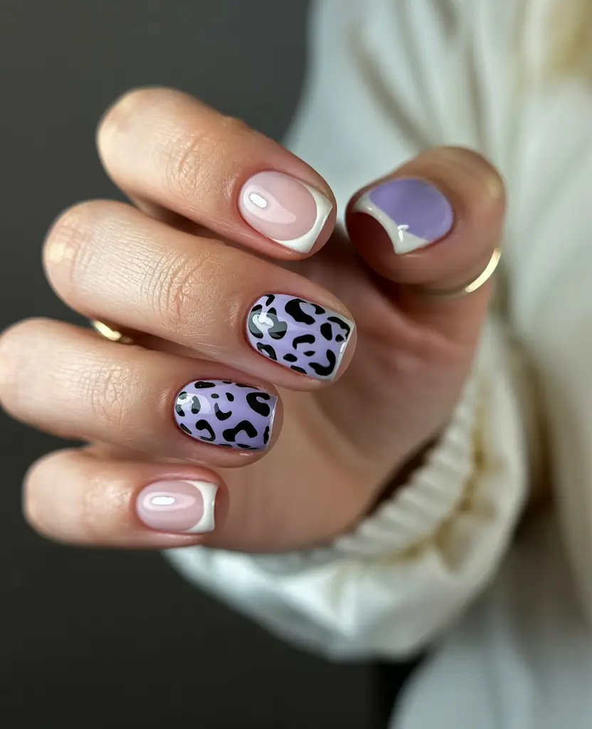 April nails ideas 2026 Lavender leopard nails with soft french accents