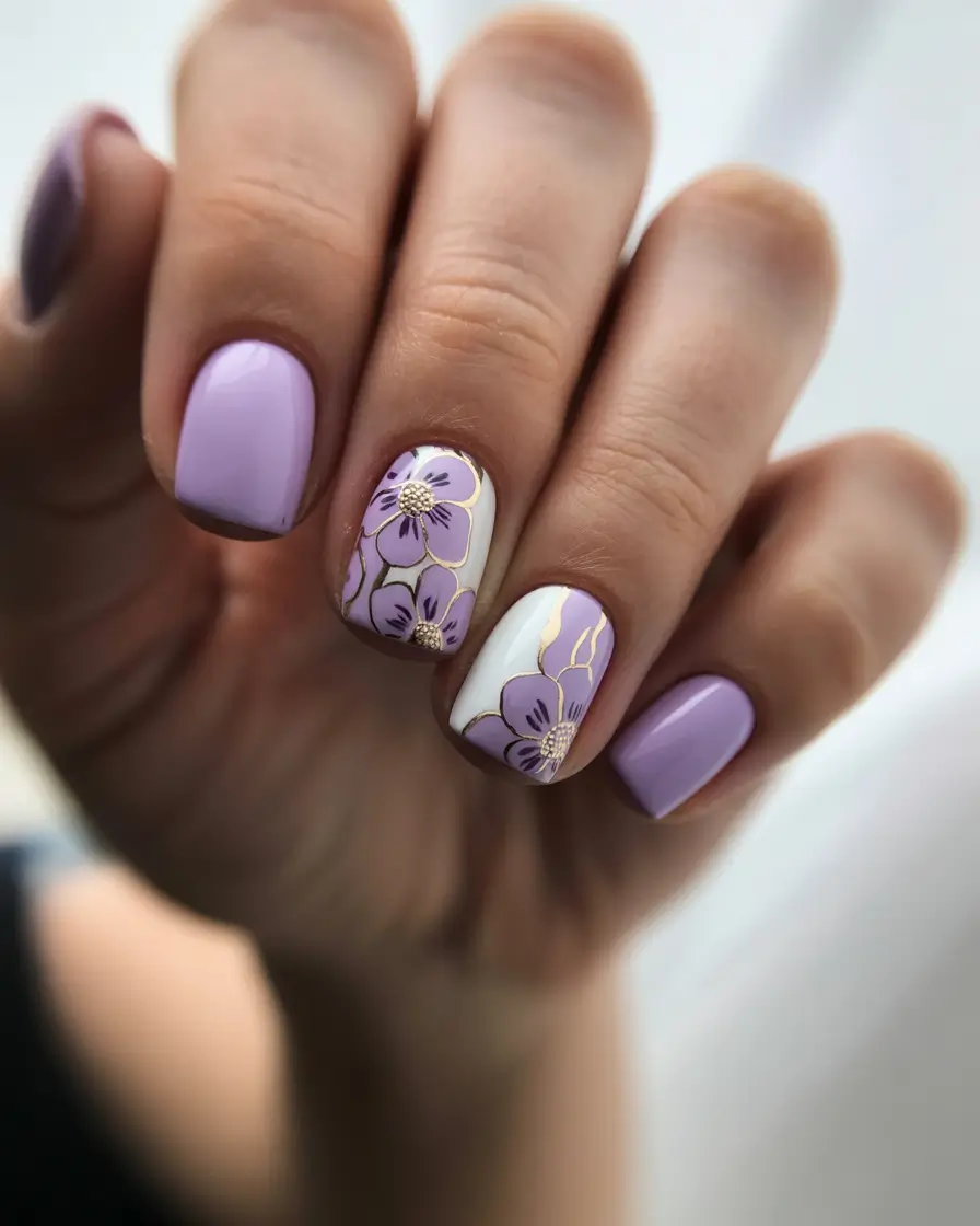 April nails ideas 2026 Soft lavender floral manicure with gold outlines