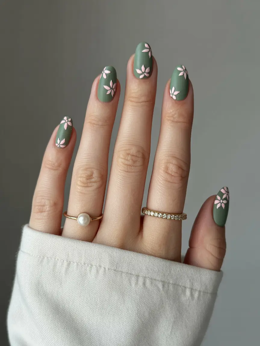 April nails ideas 2026 Olive green floral nails with delicate pink blossoms