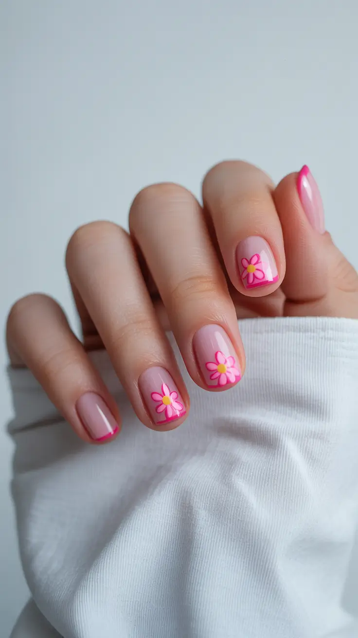 April nails ideas 2026 Bright pink daisy nails with playful spring accents