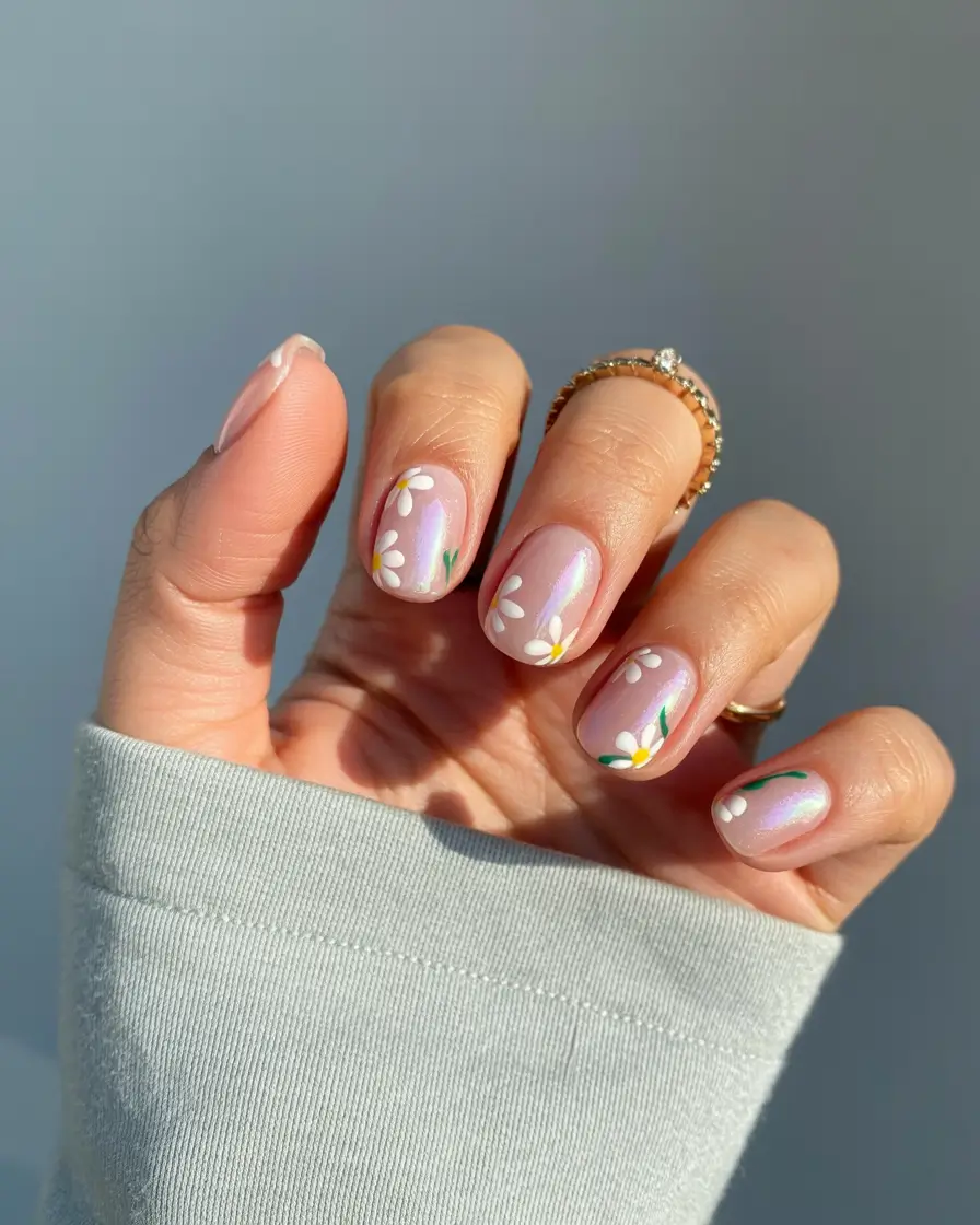 April nails ideas 2026 Soft iridescent daisy nails for a dreamy spring look