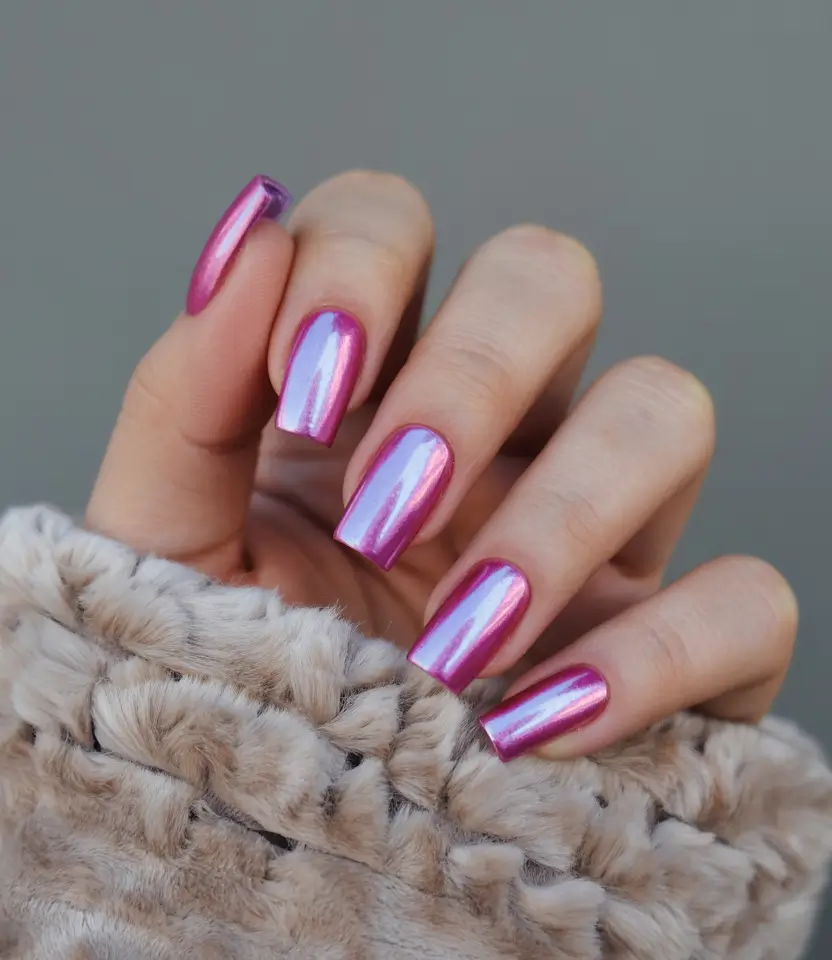 April nails ideas 2026 Bold pink chrome nails with mirror shine