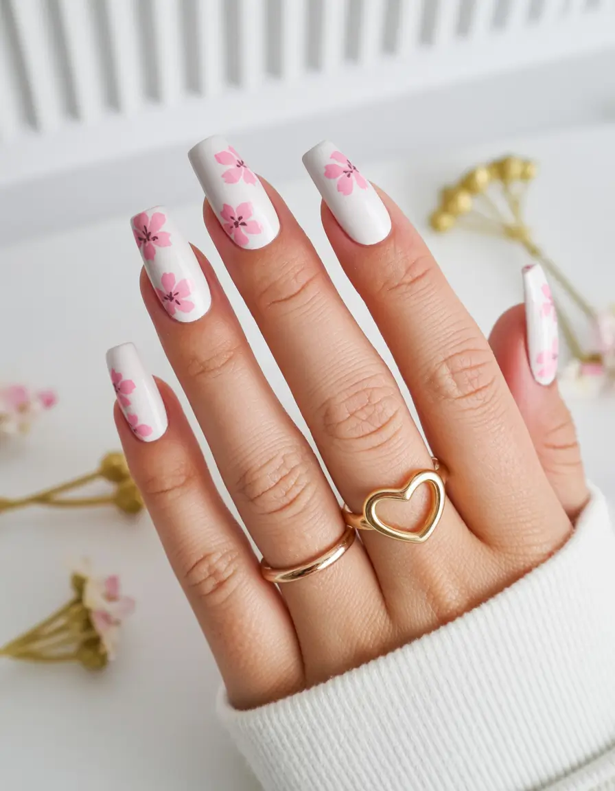 April nails ideas 2026 White square nails with pink blossom floral art