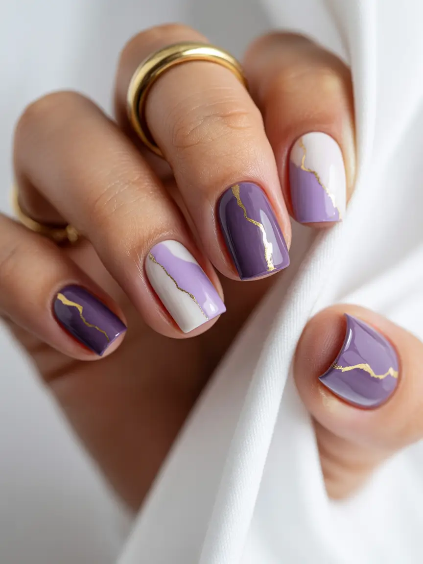 April nails ideas 2026 Lavender and white square manicure with delicate gold lines