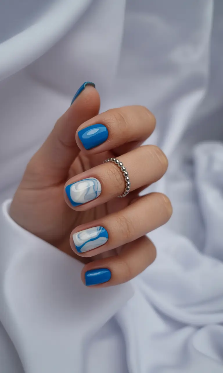 April nails ideas 2026 Bright blue short nails with soft marble accents