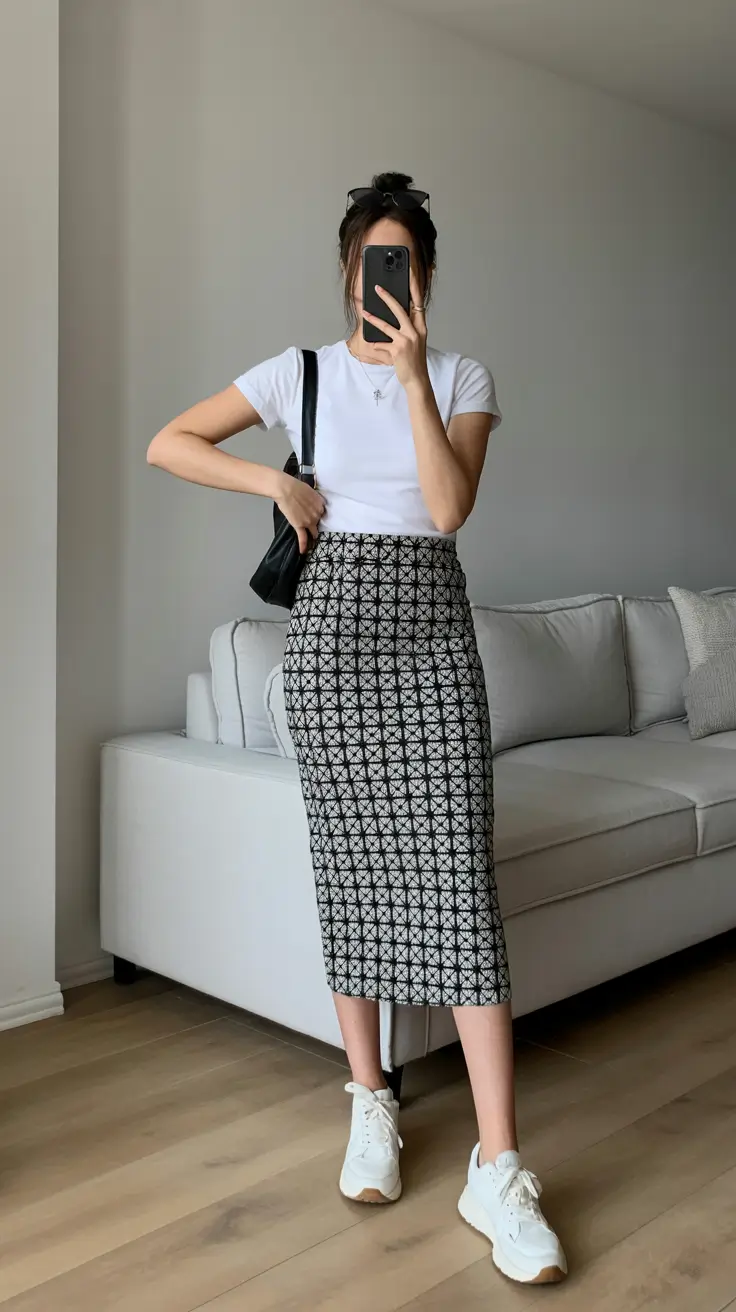 april outfits ideas 2026 minimal monochrome skirt look