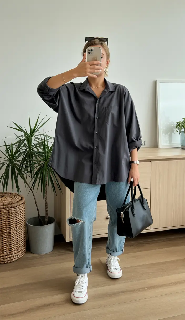 april outfits ideas 2026 oversized shirt relaxed denim look
