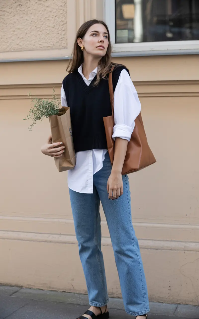 april outfits ideas 2026 layered shirt knit vest look