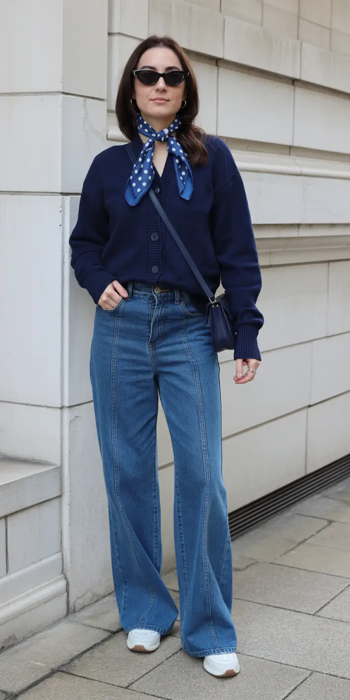 april outfits ideas 2026 navy cardigan scarf outfit