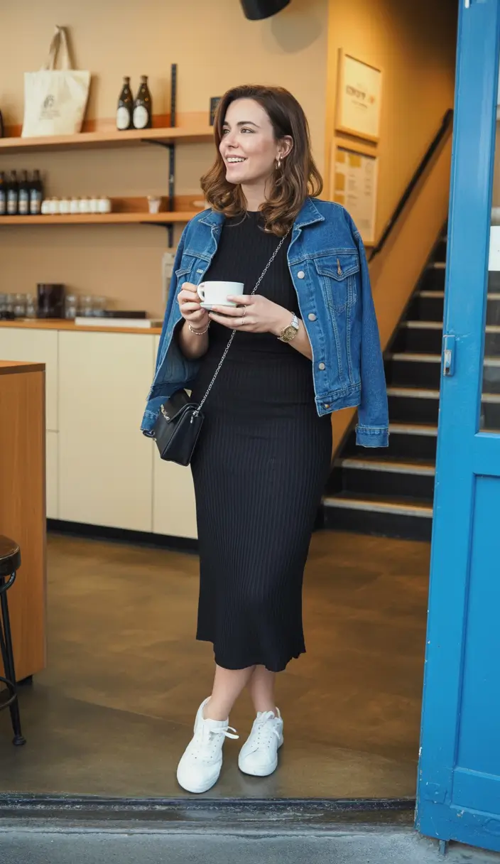 april outfits ideas 2026 ribbed dress denim jacket outfit