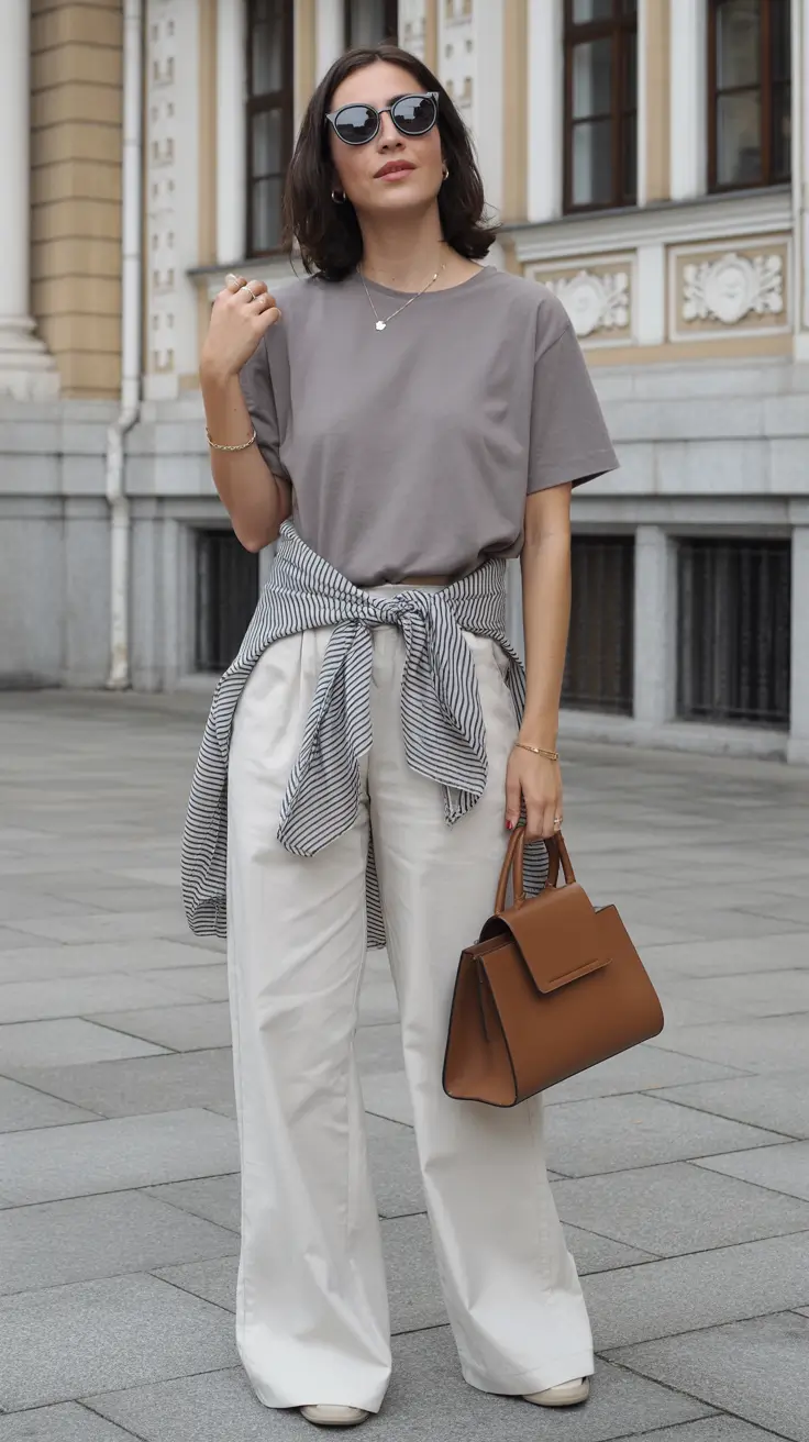 april outfits ideas 2026 neutral wide trousers casual outfit
