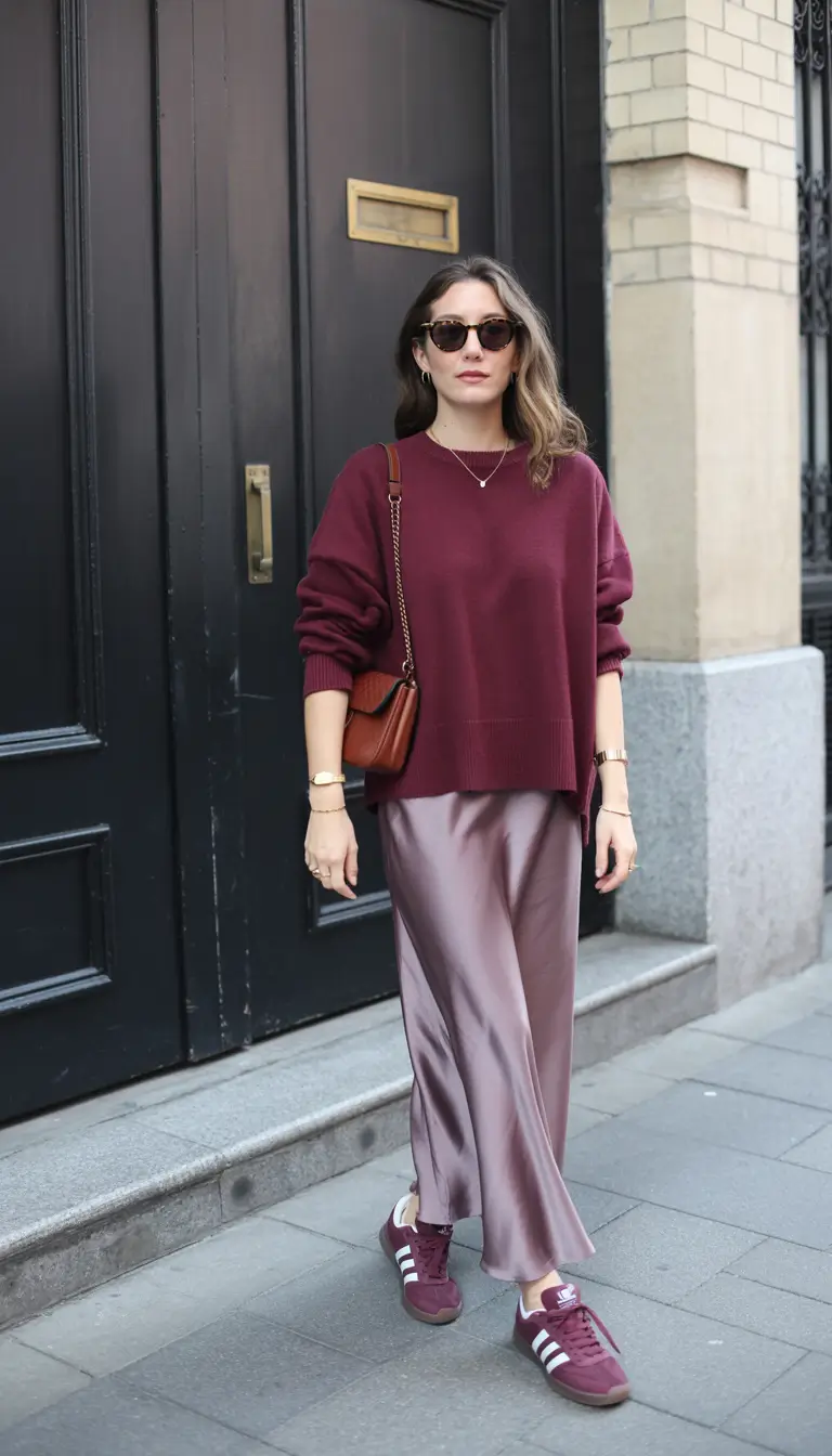 april outfits ideas 2026 satin skirt sweater look