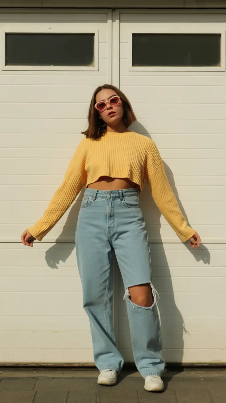 april outfits ideas 2026 yellow sweater casual denim outfit