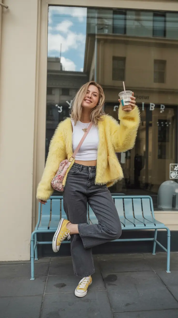 april outfits ideas 2026 fuzzy jacket casual outfit