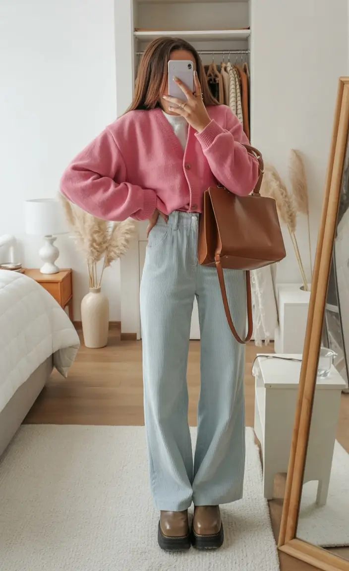 april outfits ideas 2026 pastel cardigan wide trousers outfit