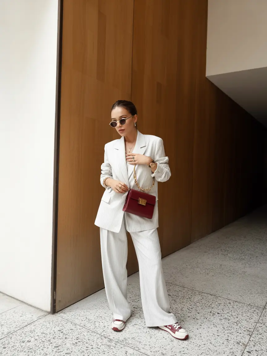 april outfits ideas 2026 pinstripe suit casual sneakers