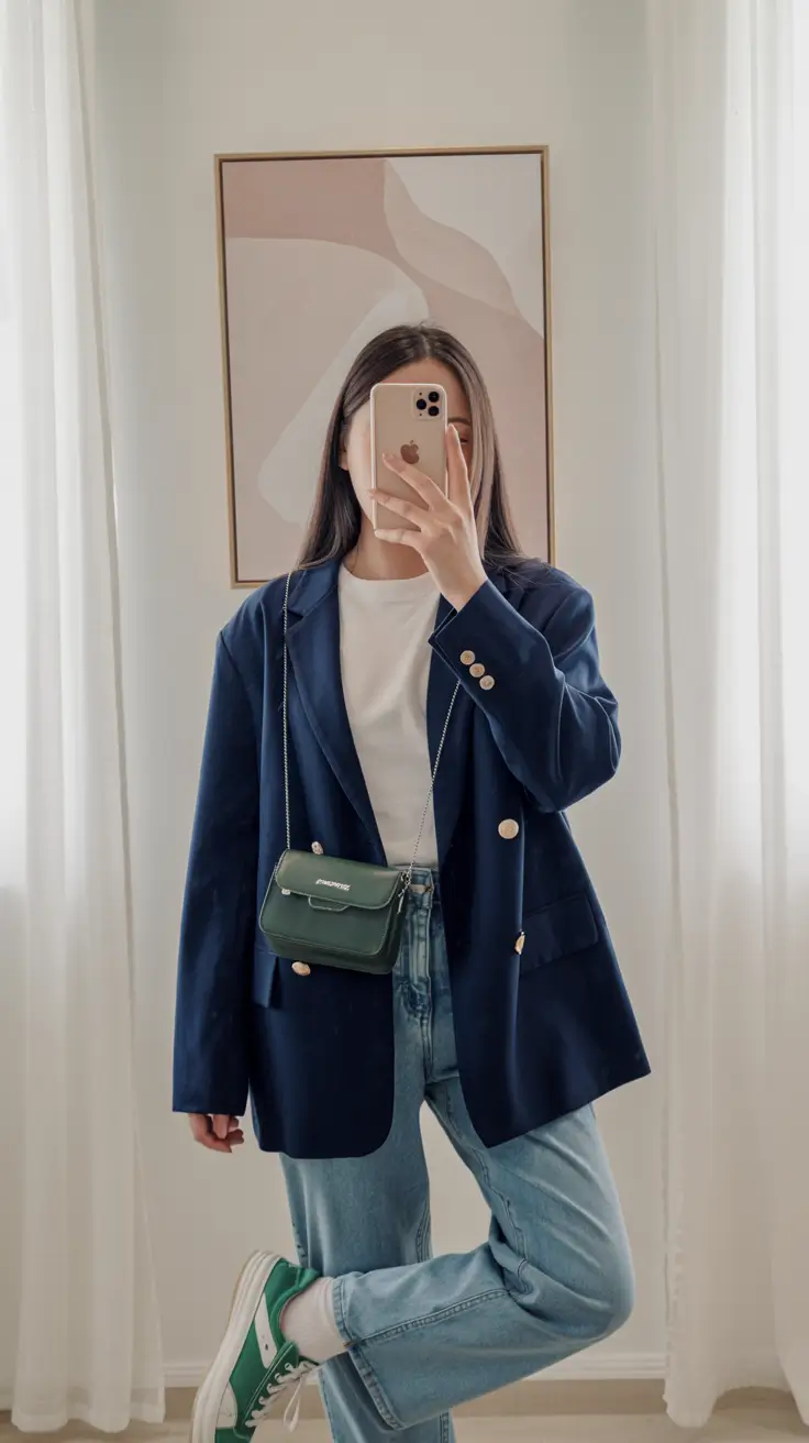april outfits ideas 2026 oversized blazer denim outfit