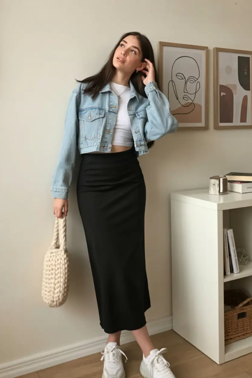 april outfits ideas 2026 denim jacket midi skirt look