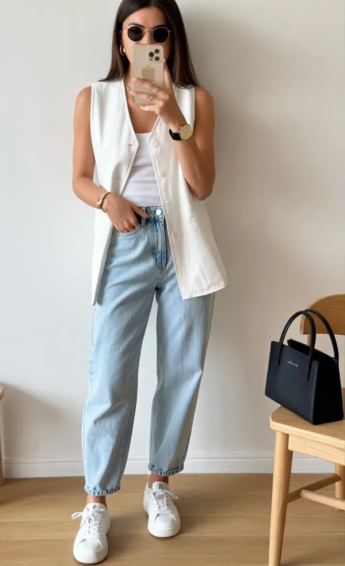 april outfits ideas 2026 casual vest denim outfit