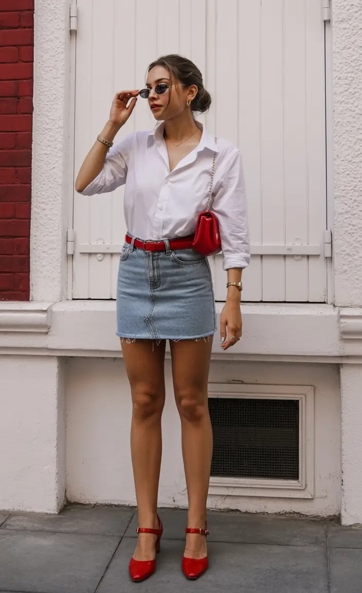 april outfits ideas 2026 white shirt denim mini skirt look