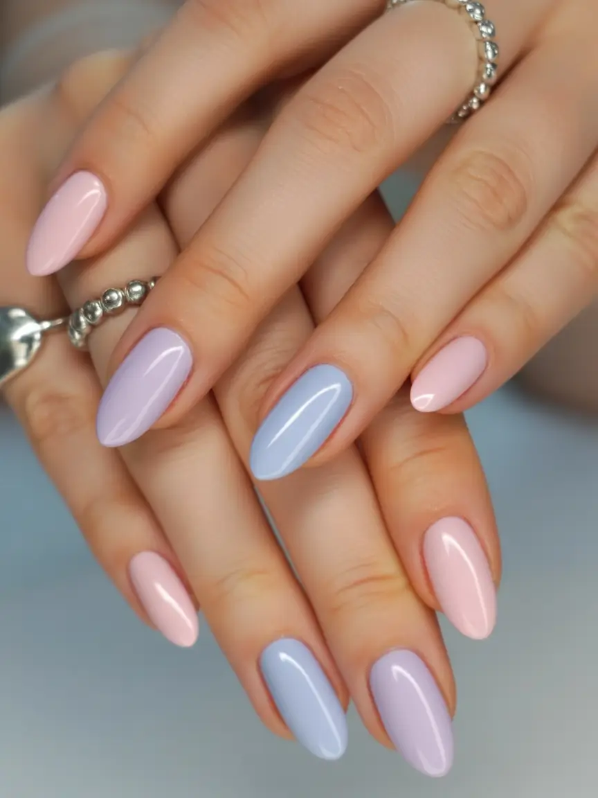 beautiful spring oval nails 2026 Soft Pastel Mix for Playful Spring Color Harmony