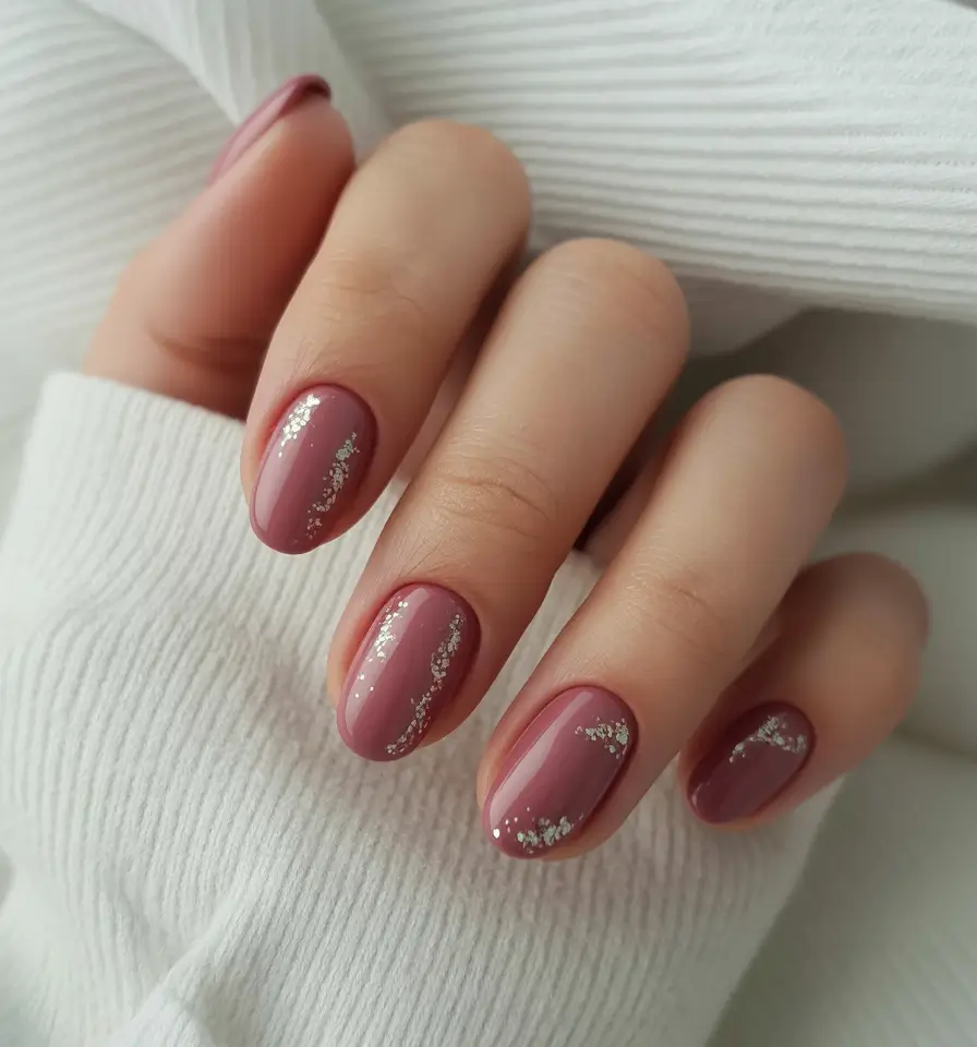 beautiful spring oval nails 2026 Muted Rose with Delicate Silver Sparkle