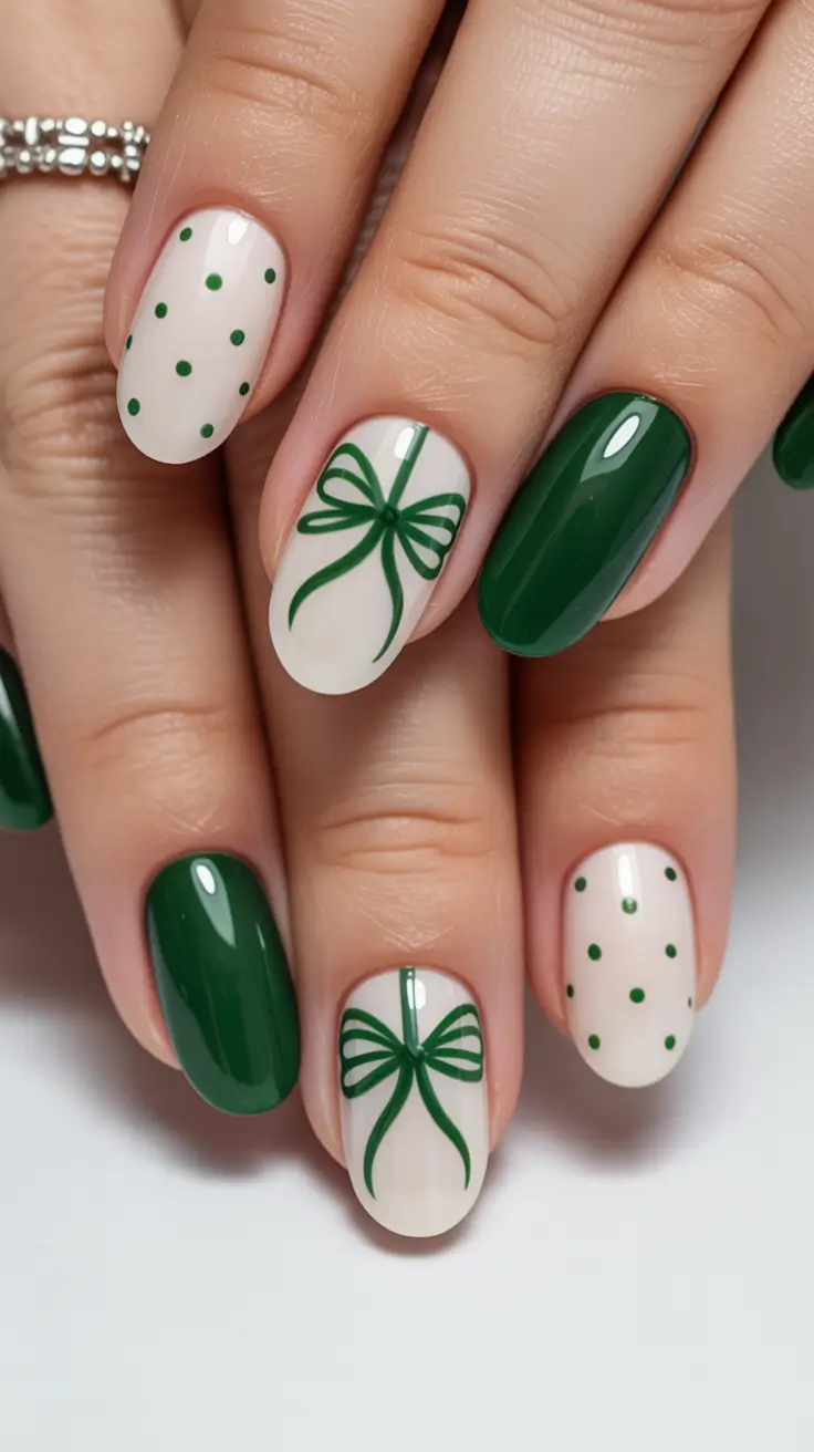 beautiful spring oval nails 2026 Classic Green and White Bow Accent