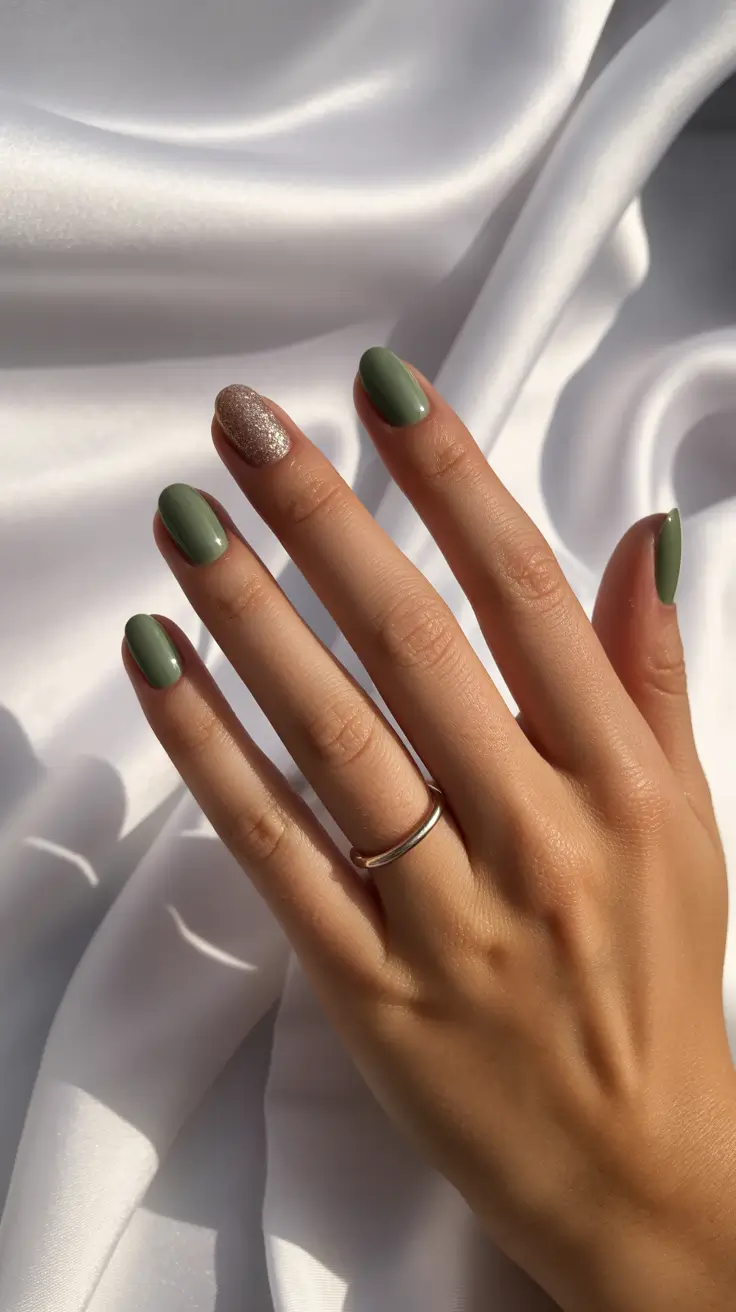 beautiful spring oval nails 2026 Olive Minimalism with Gold Accent