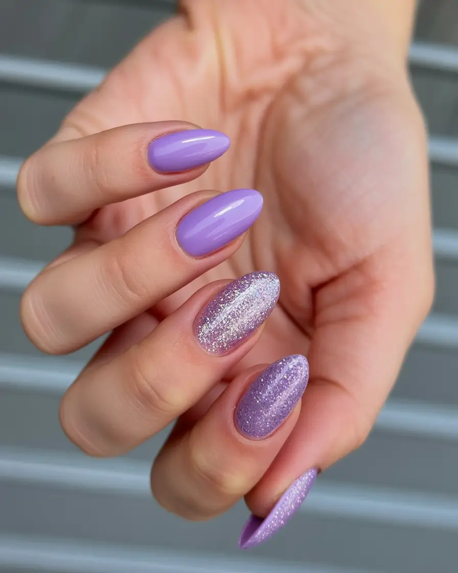 beautiful spring oval nails 2026 Lavender Glitter Gradient for Bold Spring Energy