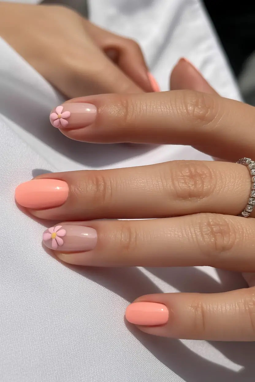 beautiful spring oval nails 2026 Peachy Coral with Delicate Daisy Accents