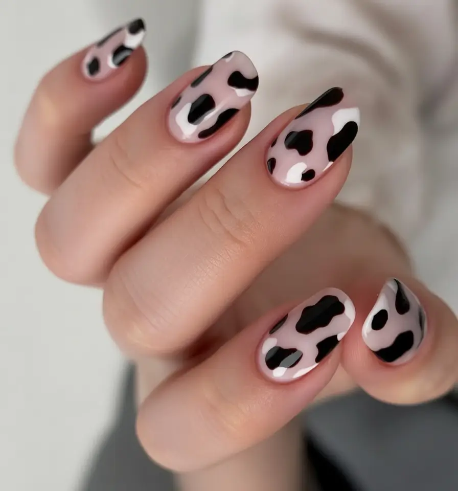 beautiful spring oval nails 2026 Blush Cow Print for Playful Spring Energy