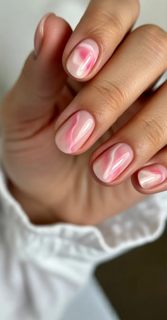 beautiful spring oval nails 2026 Milky Pink Swirl Nails with a Modern Floral Feel
