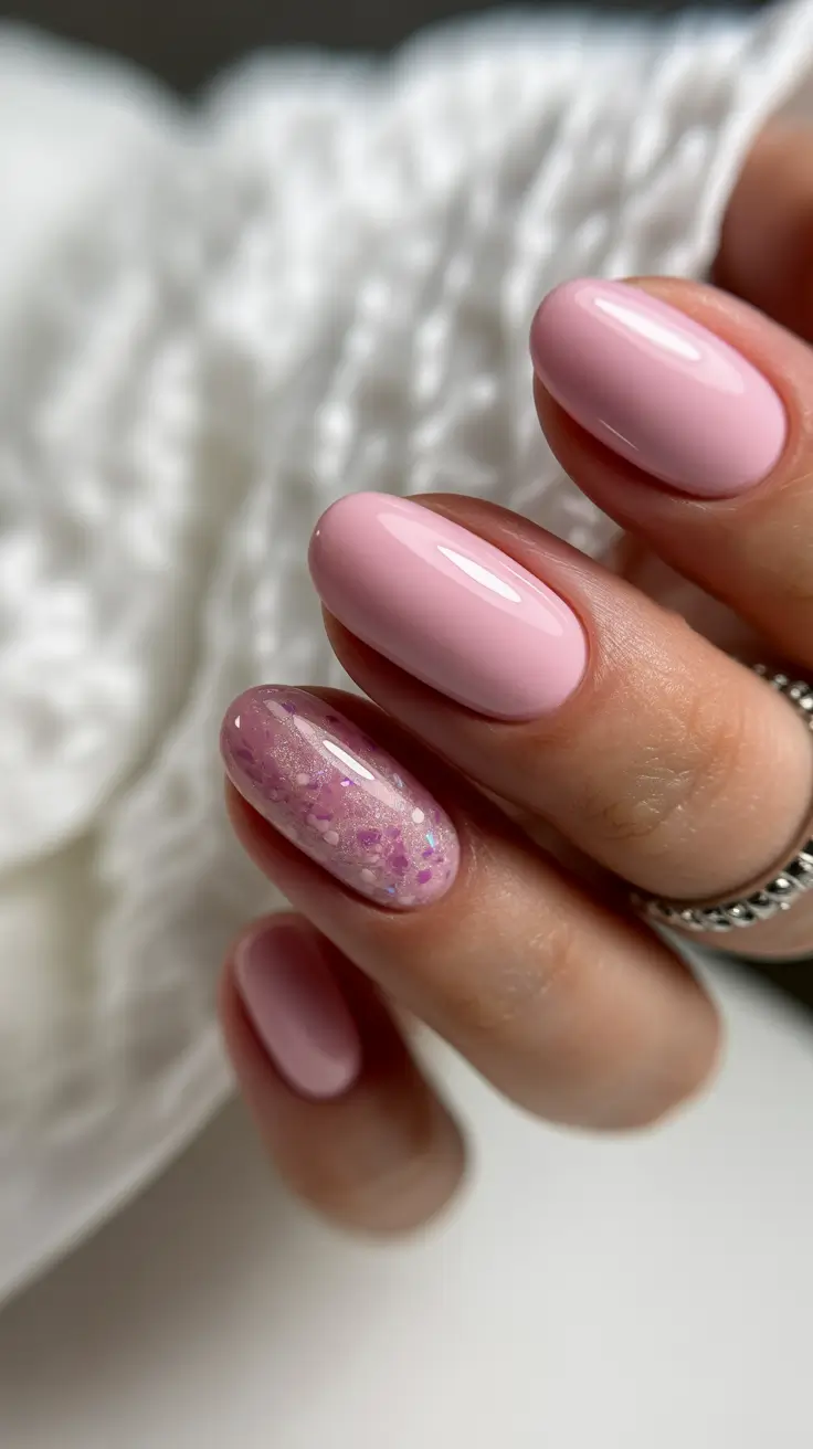 beautiful spring oval nails 2026 Glossy Baby Pink with Subtle Glitter Accent