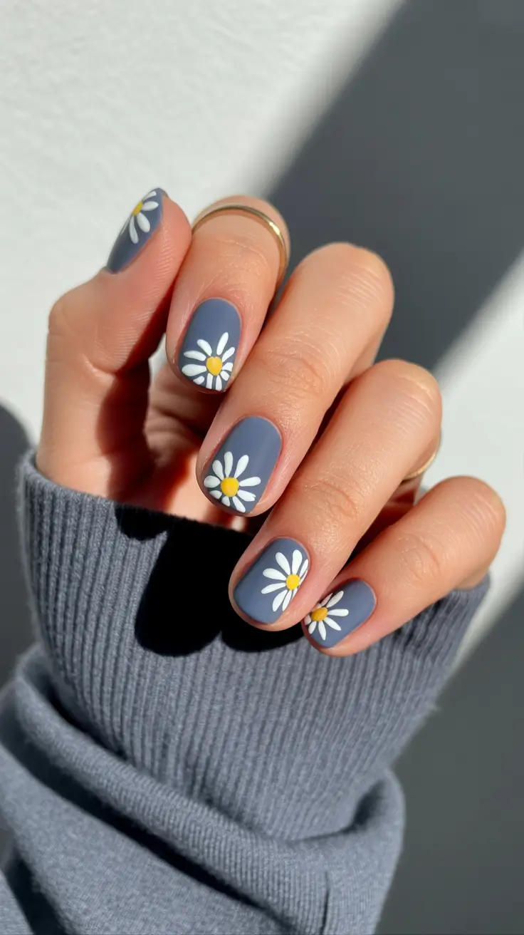 beautiful spring oval nails 2026 Matte Blue Daisies with Playful Floral Energy